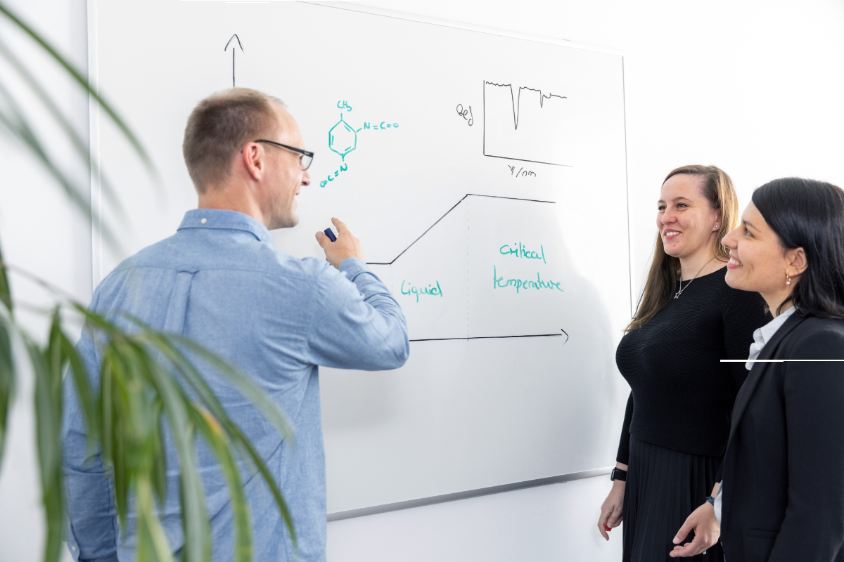 HOYER Group Commercial Chemists stehen vor Zeichnung auf einem Whiteboard