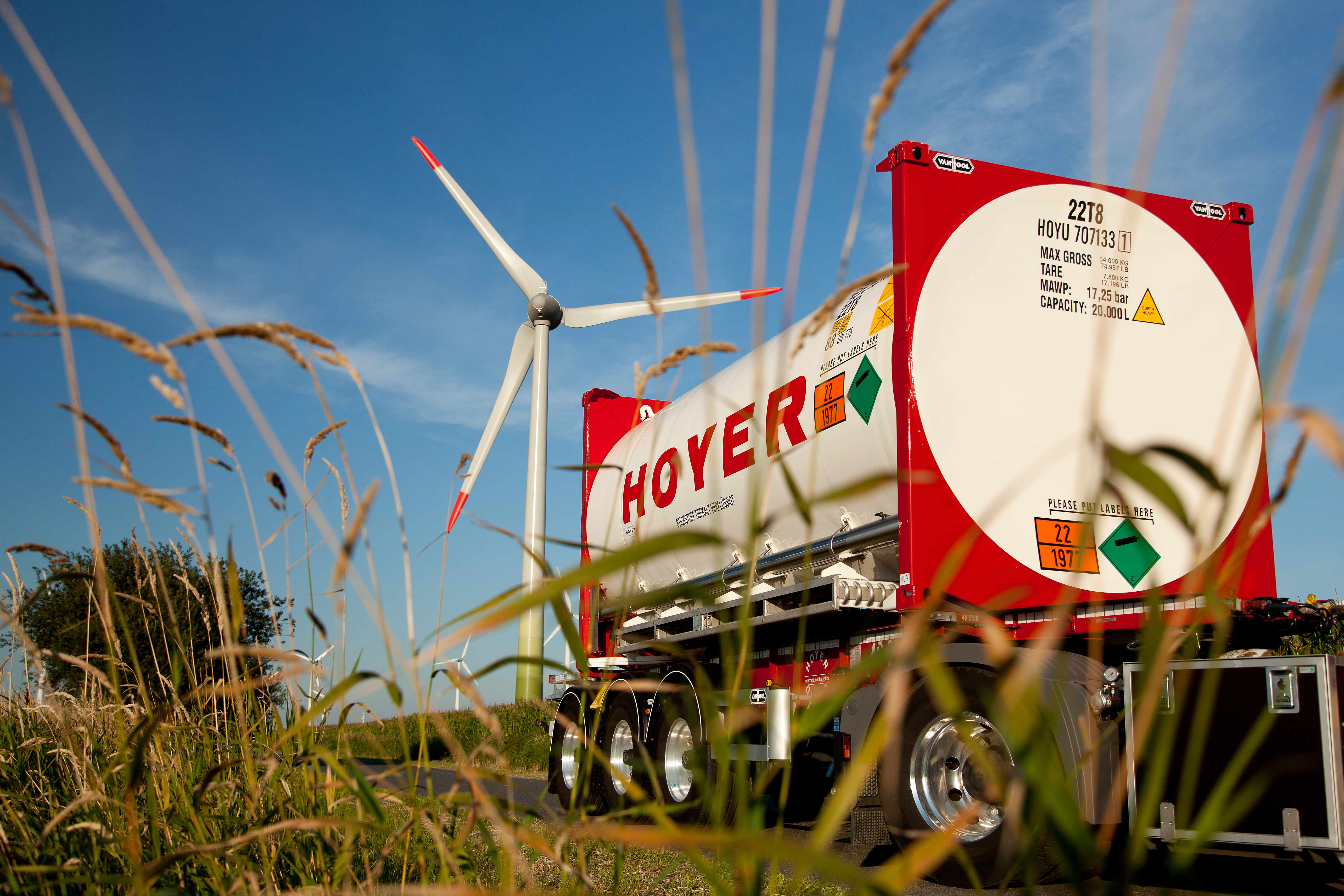 Weißer HOYER Tankcontainer vor einem Windrad 